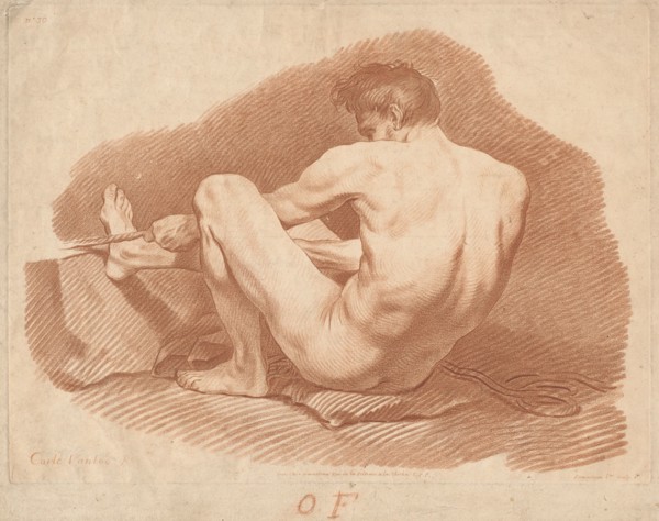 Seated Nude Man, Seen from Behind, Pulling a Rope, c. 1760.