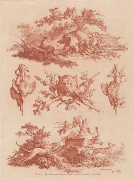 Hunting Trophies and Vignettes with Dogs Chasing a Boar and a Stag, 1773.