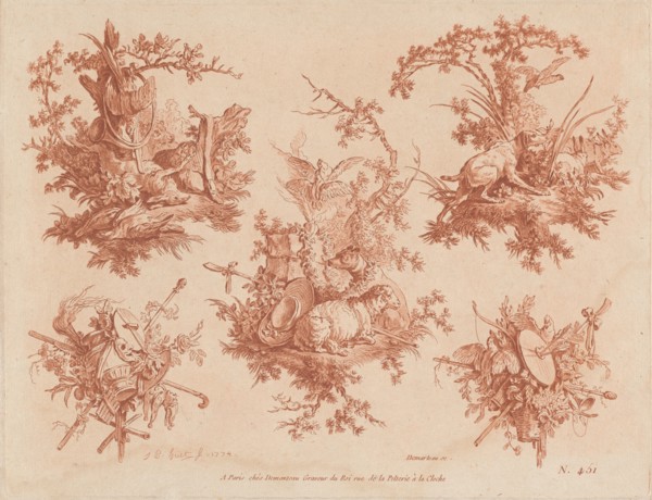 Five Trophies with Themes of Hunting, Love, and Folly, 1774.