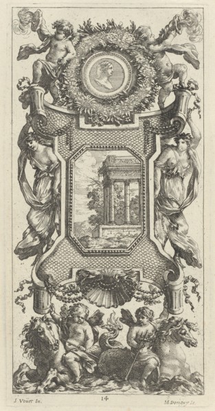 Ornamental Panel Surmounted by a Bust of a Woman and Two Putti with Flaming Trumpets, 1647.