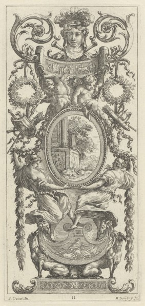 Ornamental Panel Surmounted with a Head Flanked by Foliage, 1647.