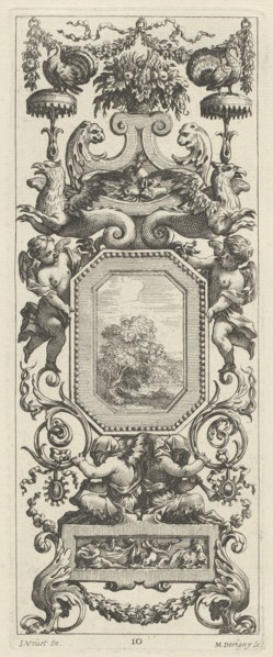 Ornamental Panel Surmounted by a Basket of Flowers and a Garland, 1647.