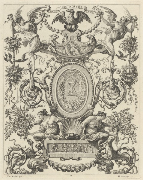 Ornamental Panel Surmounted by an Eagle and the Motto NATOS ET NOSTRA TUEMUR, 1647.