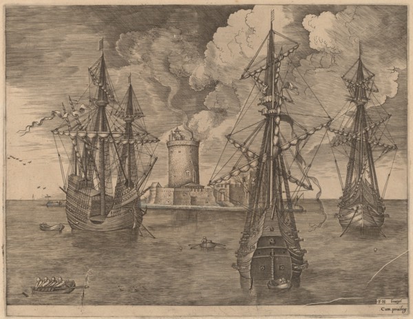 Four-Master (Left) and Two Three-Masters Anchored Near a Fortified Island with a Lighthouse, 1565.