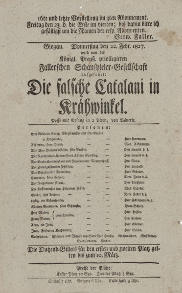 Theater playbill for "Die falsche Catalani in Krähwinkel," presented by the Königlich..., c1827. Creator: Adolf Bauerle.