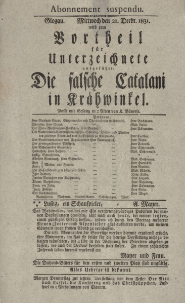 Theater playbill for "Die falsche Catalani in Krähwinkel," benefit performance..., c1831. Creator: Adolf Bauerle.