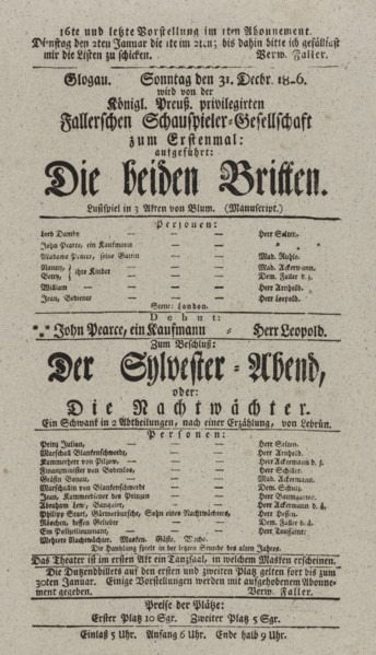 Theater playbill for "Die beiden Britten" and "Der Sylvester-Abend, oder Die Nachtwächter..., 1826. Creators: Carl Blum, Merville.