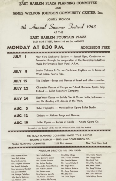 Poster for the 4th Annual Summer Festival at the East Harlem Fountain Plaza, c1963.