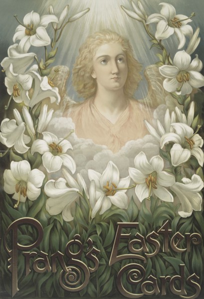 Poster with the following text, "Prang's Easter Cards", depicting an angel and lilies., c1865 - 1899 Creator: Louis Prang.