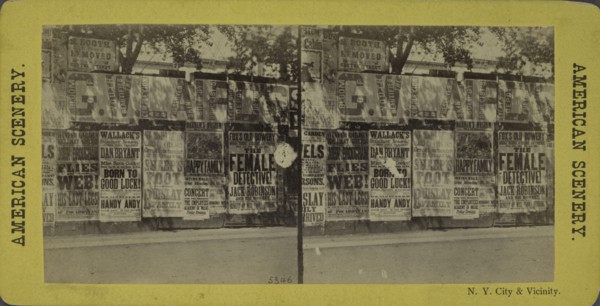 N.Y. City and vicinity. [Posters advertising theaters, businesses on unidentified wall],  1866?. Creator: Unknown.