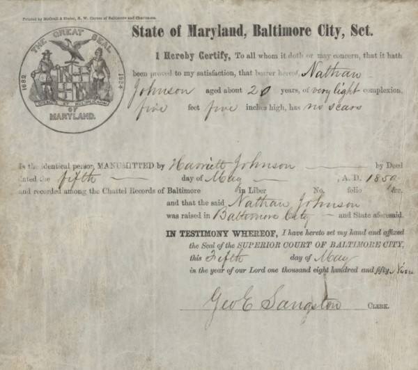 Nathan Johnson Manumitted by Harriett Johnson, 1859.