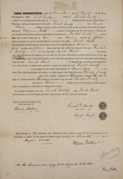 Indenture of Rachel Trusty, 1841-08-11.