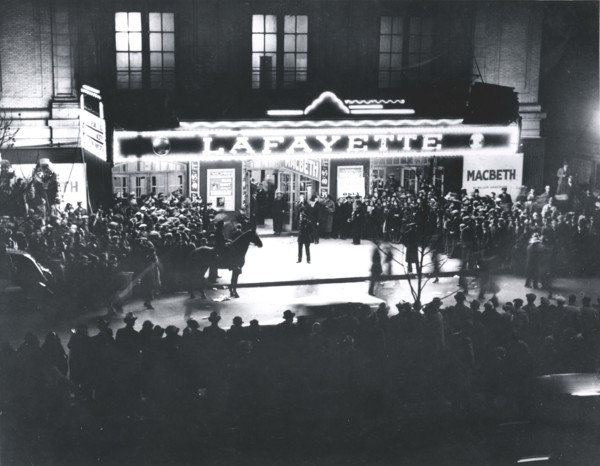 Crowd outside the Lafayette Theatre, in Harlem, at the opening of "Macbeth" produced..., 1936. Creator: Federal Theatre Project.
