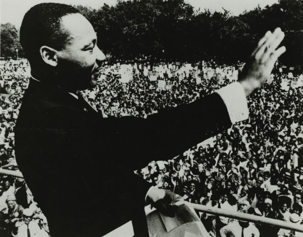 Dr. Martin Luther King, Jr. waving to the crowd from the steps of the Lincoln Memorial..., 1963. Creator: Unknown.