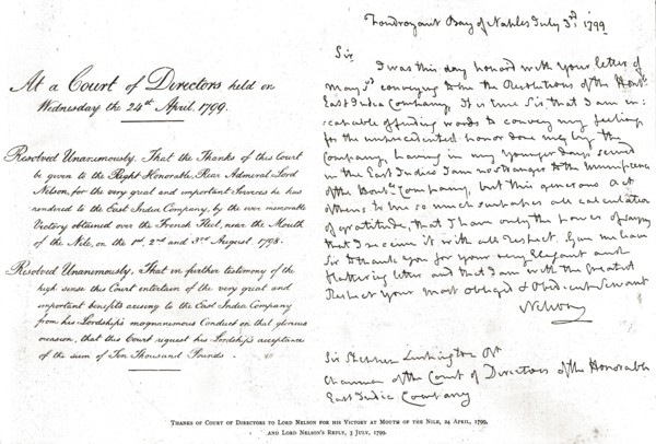 'Thanks of Court of Directors to Lord Nelson for his Victory at Mouth of the Nile, 1799, 1890 Creator: Unknown.