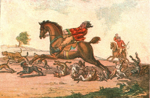 ''Old Fashioned Sporting Pictures, and the Road to Bygone Days; Hunting Mishaps-- Hounds in Full Cry Creator: Unknown.