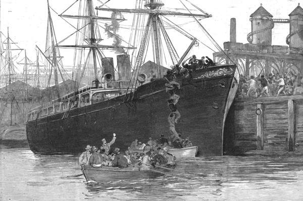 ''The Strike of Dock Labourers at Melbourne; "Freemen" Escaping in a boat from an attack of the Unio Creator: Unknown.