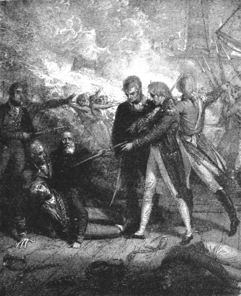 ''The Victory off Cape St. Vincent, February 14, 1797, Nelson Carrying the "San Josef"..., 1891. Creator: Richard Westall.