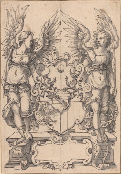 Two Angels Holding a Coat of Arms. Creator: Jost Ammon.