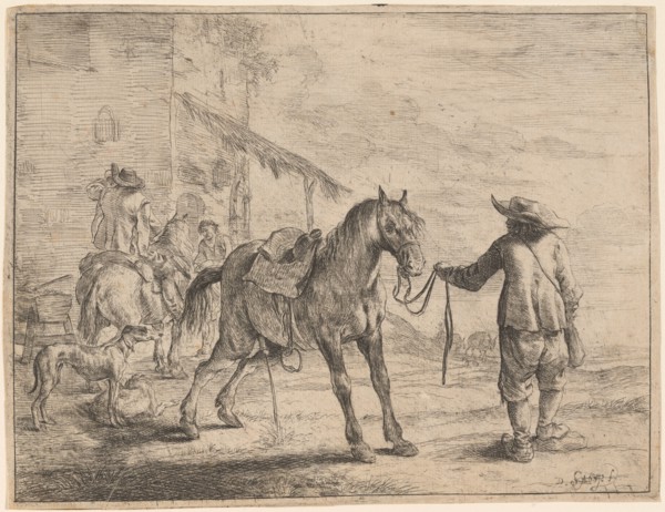 A Pissing Horse Held by a Man, 1651. Creator: Dirck Stoop.
