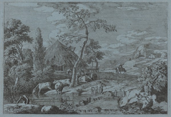 Cattle and Figures at a Farmyard Stream. Creator: Marco Ricci.