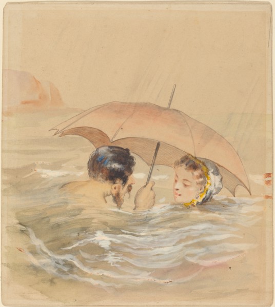 Male and Female Bathers with Umbrella. Creator: Alfred Grevin.
