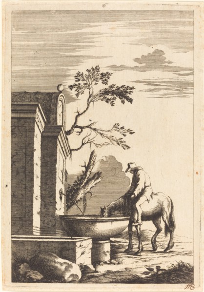 Horse and Rider at a Fountain, c. 1650. Creator: Bernhard Zaech.