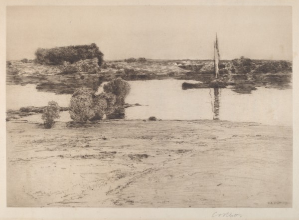 Untitled (River Scene with Boat), 1891. Creator: Charles A Platt.