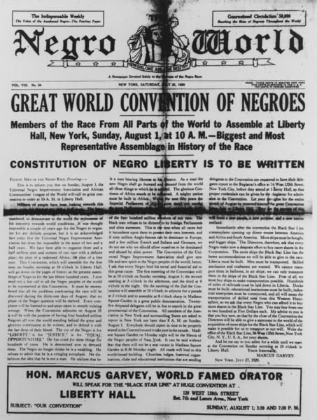 'Negro World', Vol. 8 no. 24, front page, 1920. Creator: Unknown.