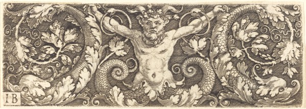 Ornament with Fantastic Satyr and Dolphins. Creator: Master I. B..