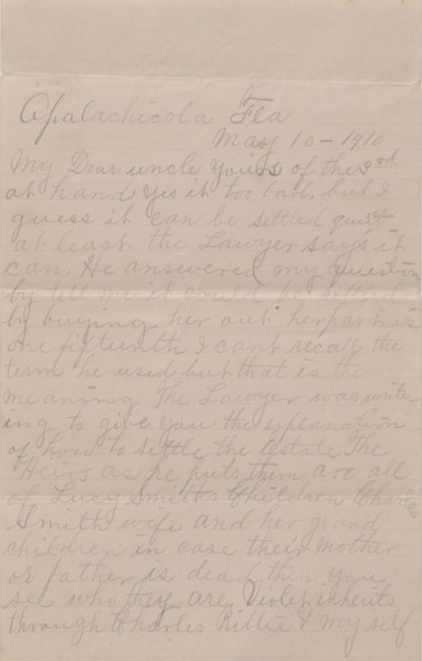 Letter regarding the estate of Lucy Smith, 1910. Creator: Unknown.