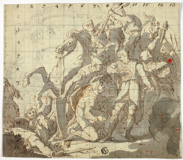 Fighting Knights Before Castle, c. 1800. Creator: Robert Ker Porter.