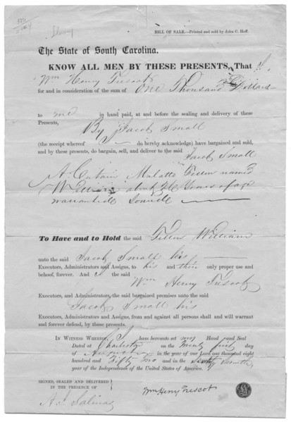 Bill of sale for mulatto man for $1000, 1800-1865.  Creator: Unknown.
