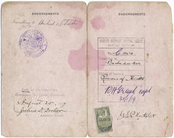 Caltilda Downes: Barbados Passport, interior, 1919. Creator: Unknown.