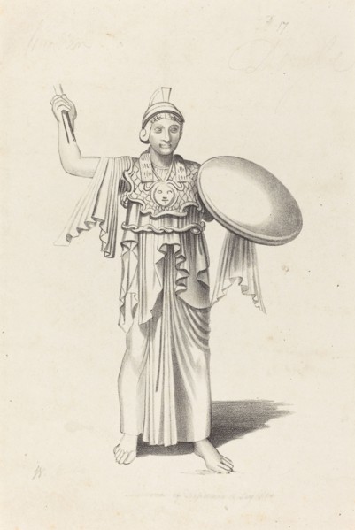Minerva, From a Bronze by Daedalus, published 1829. Creator: W Walton.
