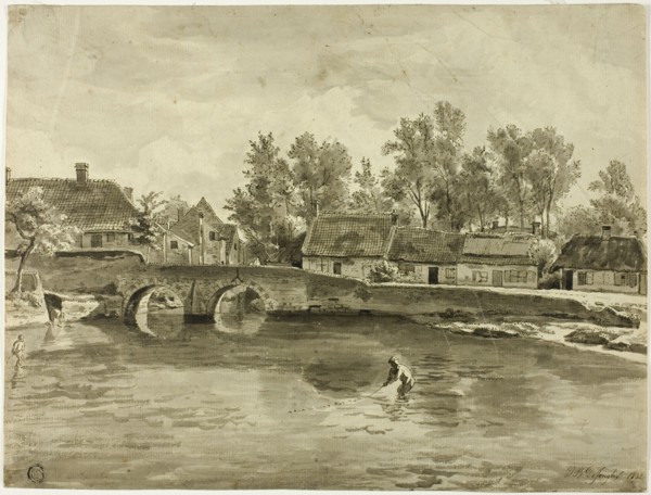 Man Fishing in River Near Village, 1832. Creator: Jan Baptiste de Jonghe.