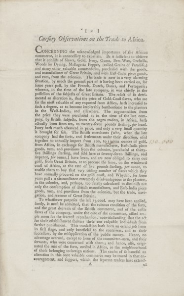 Cursory Observations on the Trade to Africa, 1778-05-04. Creator: Unknown.