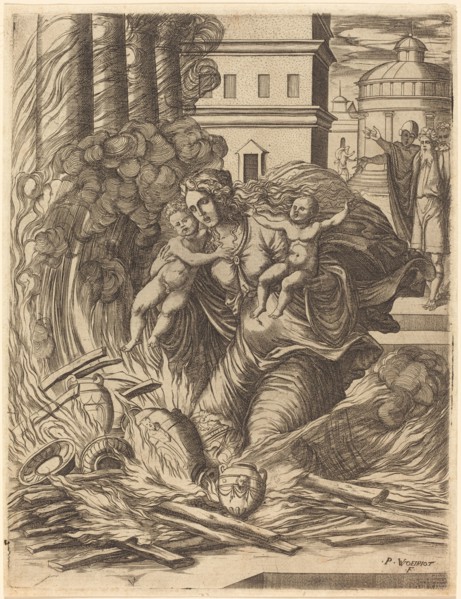 The Wife of Hasdrubal Throws Herself on the Fire. Creator: Pierre Woeiriot.