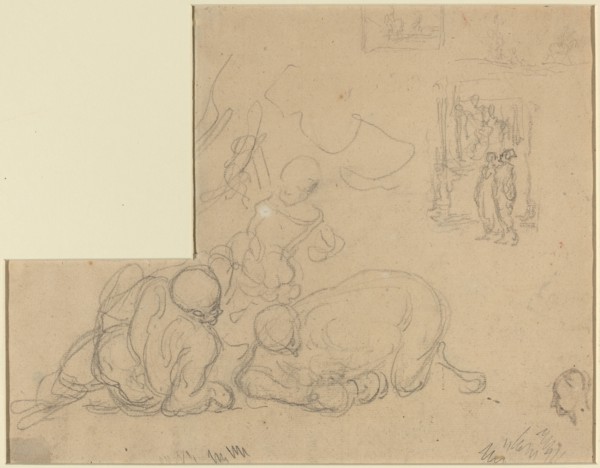 Sheet of Studies with Two Large Men on the Ground. Creator: Honore Daumier.