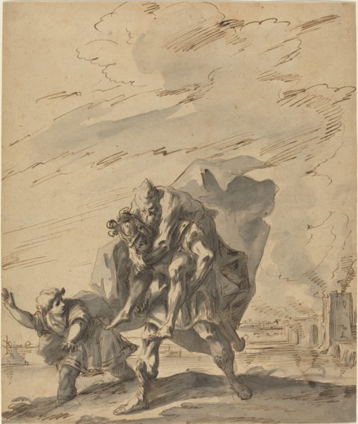 Aeneas Carrying Anchises from Burning Troy, c. 1733. Creator: Gaspare Diziani.