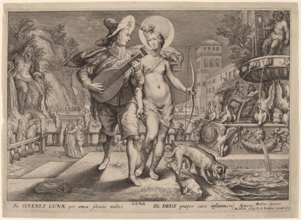 Diana as Luna Accompanying a Young Man Serenading, 1615. Creator: Jacob Matham.
