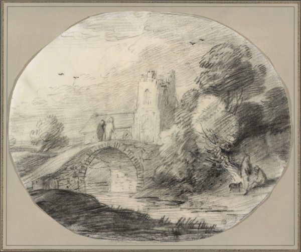 River Landscape with a Bridge and a Church, 1781. Creator: Thomas Gainsborough.