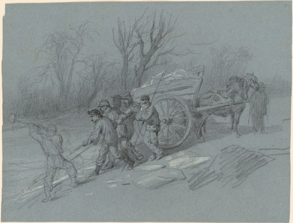 Workmen Gathering Ice at the Water's Edge, c. 1850. Creator: Hippolyte Lalaisse.