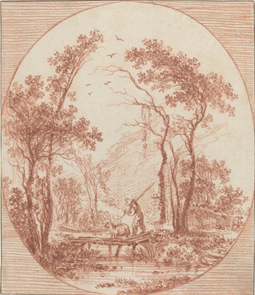 A Farmer and a Sheep Crossing a Rustic Bridge. Creator: Jean Baptiste Le Prince.