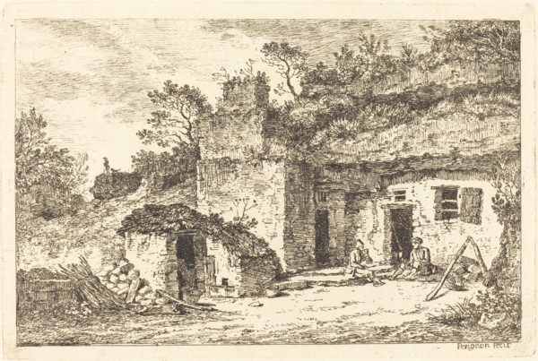 A Cottage with Two Men Seated at the Doorway, c. 1770. Creator: Nicolas Perignon.