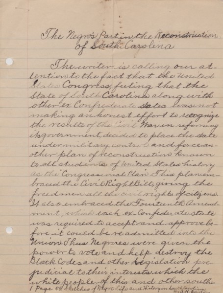 The Negro's Part in the Reconstruction of South Carolina, 1940. Creator: Unknown.