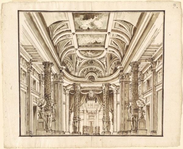 Fantasy of a Great Hall with Basketweave Columns, c. 1800. Creator: Pietro Gonzaga.
