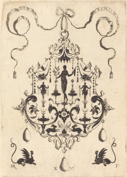 Large Pendant, Victory Flanked by Two Herms at Centre, 1596. Creator: Daniel Mignot.