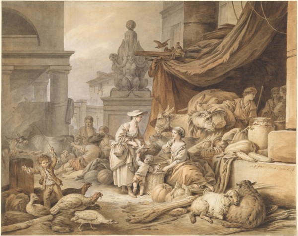 Market Scene with a Fantastic Sculpture, 1797/1798. Creator: Jean Baptiste Marie Huet.