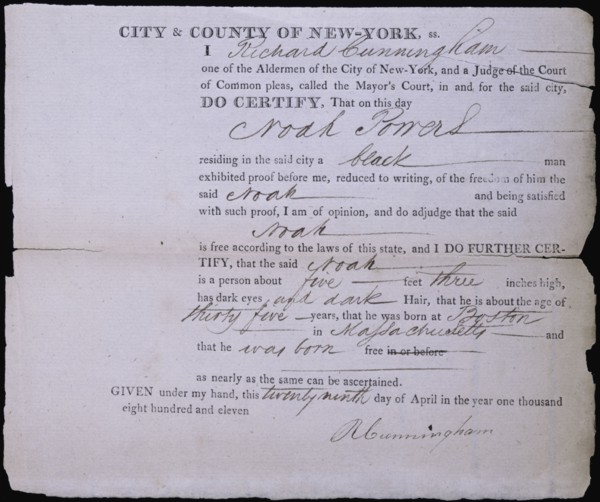 Freedom paper for Noah Powers, an African-American man, 1811-04-29.  Creator: Unknown.